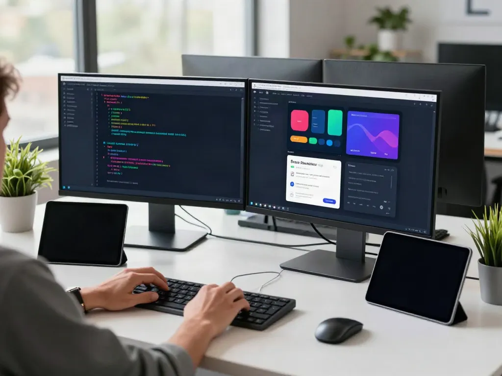 Developer enhancing Brave browser features in a modern tech workspace.