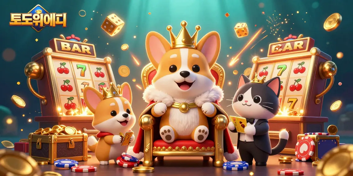 Engage with 토토사이트 by exploring a vibrant 3D scene of a royal corgi alongside playful gaming symbols, enhancing your gaming experience.