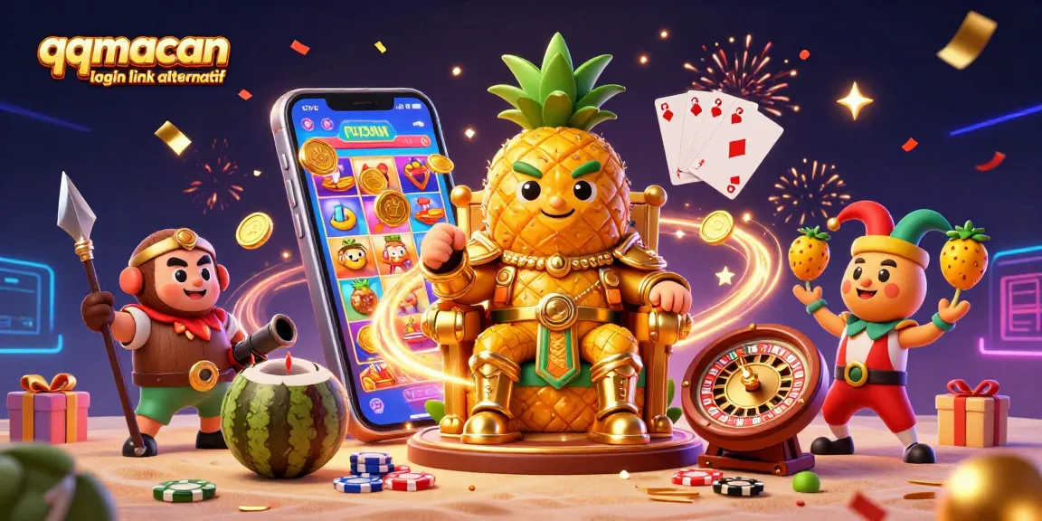 Engage with the qqmacan login link alternatif in this vibrant casino scene featuring slot games and festive characters.