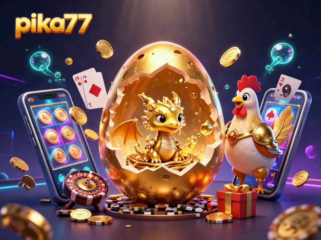Pika77 reveals a golden dragon amidst casino chips, showcasing vibrant slot game action in a dynamic gaming illustration.