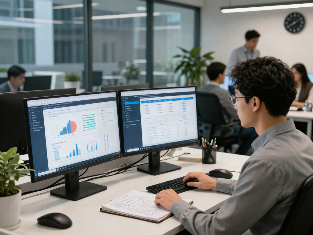 Data analyst utilizing advanced document fraud detection solution in a modern office environment.