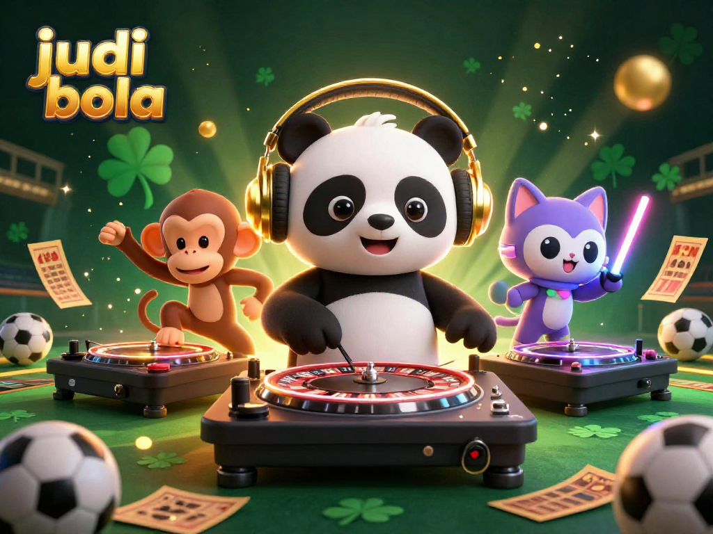 Experience the thrill of judi bola with a vibrant scene featuring a DJ panda, breakdancing monkey, and glowing kitten in a playful casino setting.