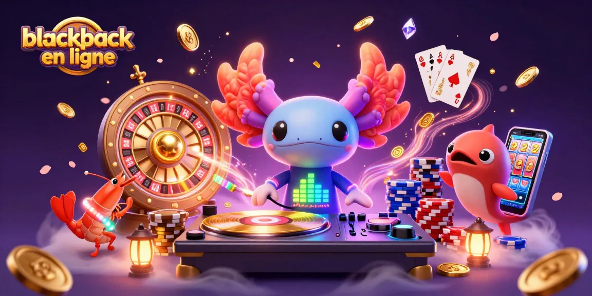 Gagnez au blackjack en ligne avec des illustrations de casino captivantes, ambiance dynamique et couleurs vives.