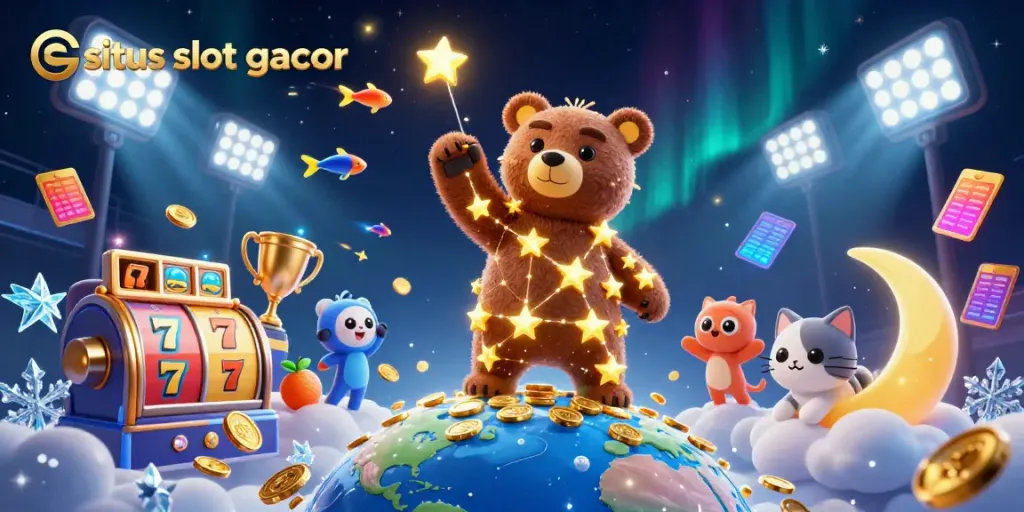 Visualisasi situs slot gacor dengan beruang bintang mengumpulkan koin di malam hari.