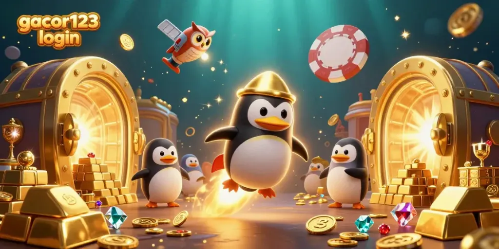 Experience the thrill of gacor123 login with a 3D penguin rocket blasting through a casino-themed space.