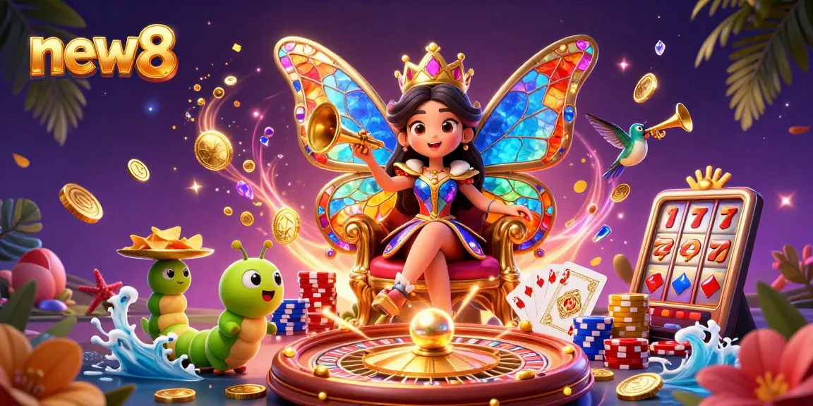 Spin the reels with new8 while enjoying vibrant casino elements surrounded by sparkling gems.