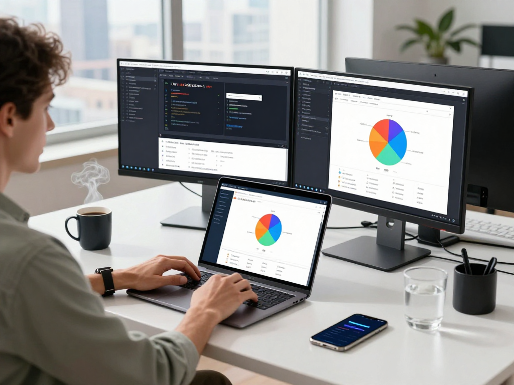 Using an antidetect browser on dual monitors in a bright tech workspace.