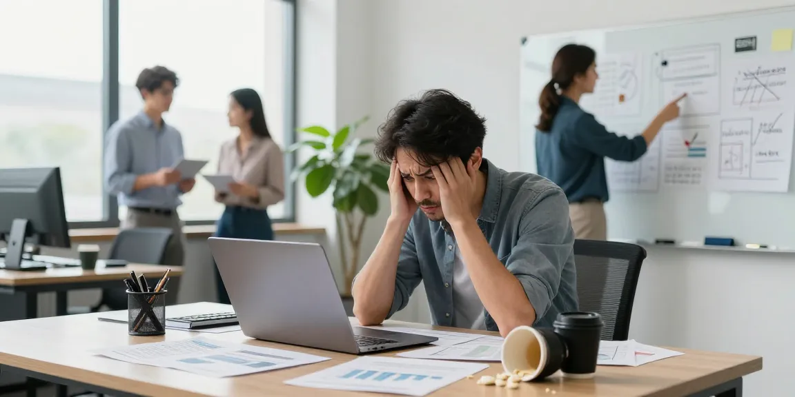 Frustrated employee at companynamesucks.com examining errors in a chaotic office
