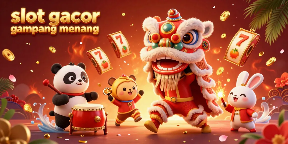 Experience thrilling wins with slot gacor gampang menang in a festive casino scene of fortune as characters engage in lively celebration.