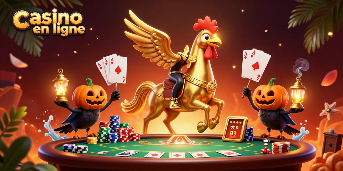 Jouez au casino en ligne avec une scène festive incluant des personnages et des éléments de poker animés.