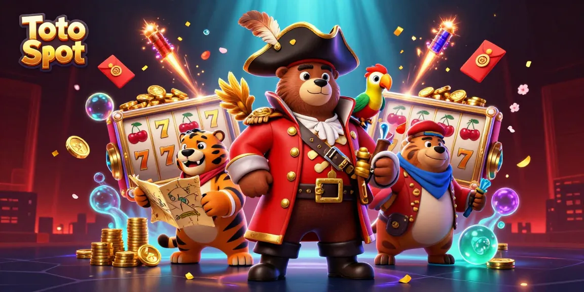 Putar Toto Slot dengan karakter lucu, simbol jackpot, dan suasana kasino yang berkilauan.