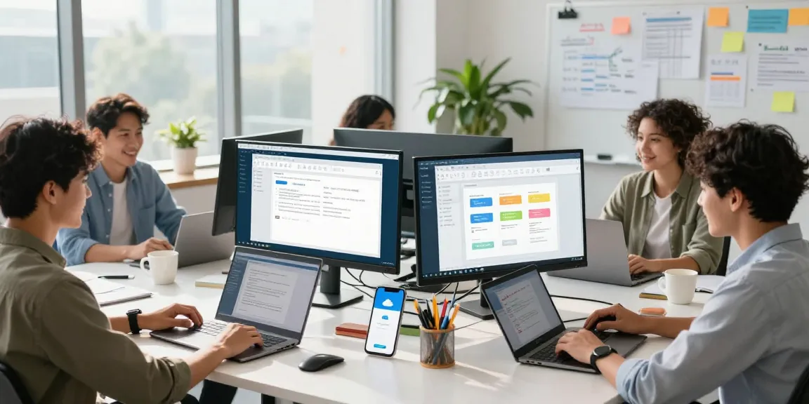 Team collaborating with WPS Office documents in a bright office, showcasing seamless wps下载 integration for productivity.