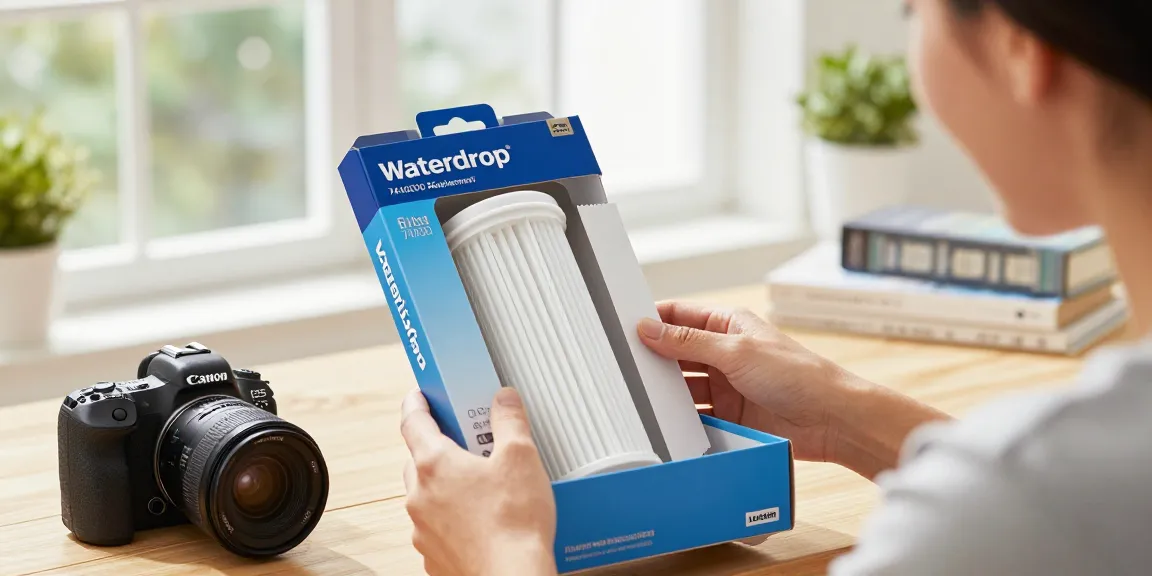 Waterdrop 7440000 Filter Replacement for Liebherr® 7440000 in an unboxing scene, showcasing online shopping experience and e-commerce best deals.