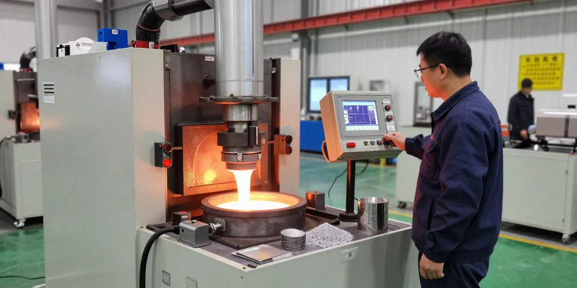 Induction furnace in operation with technician monitoring temperature for clean melting.