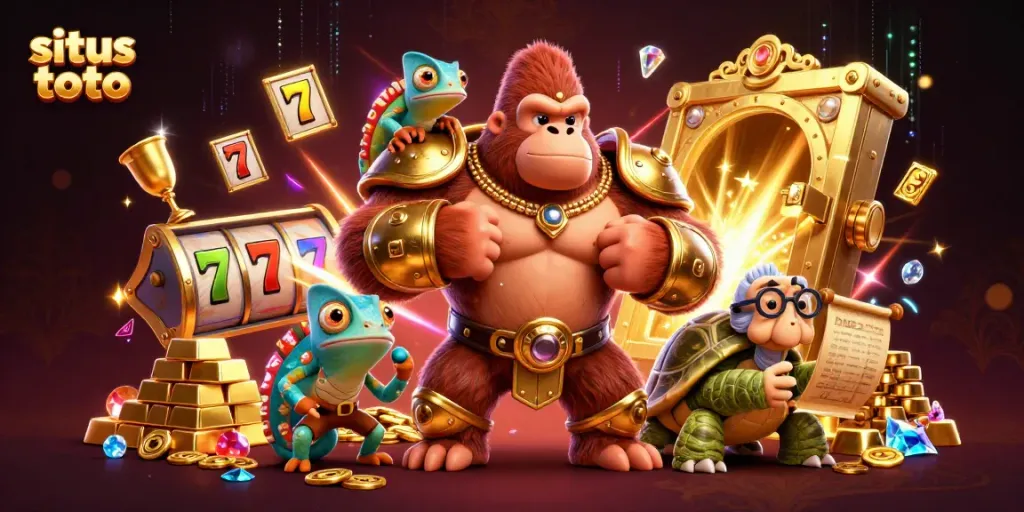 Situs toto showcases vibrant casino action with a powerful gorilla king and lucky gambling elements.