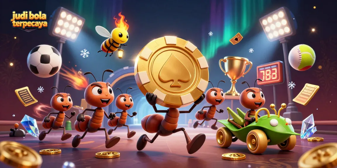 Experience exciting judi bola terpercaya action with our dynamic illustration of ants carrying chips and sports elements.