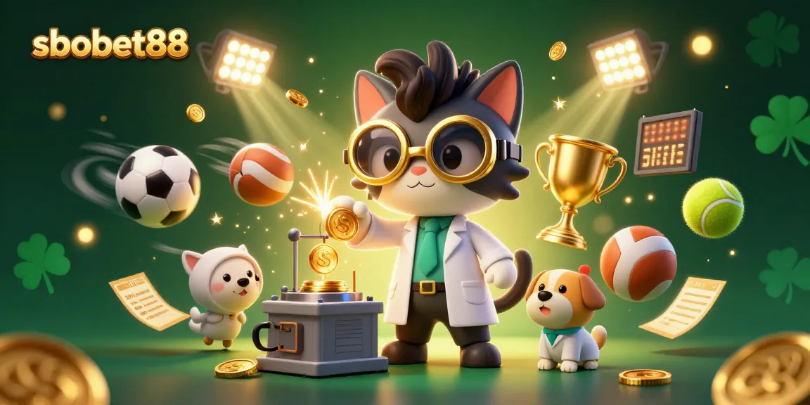 Experience sbobet88 excitement with sports betting and winning trophies in this colorful 3D illustration.