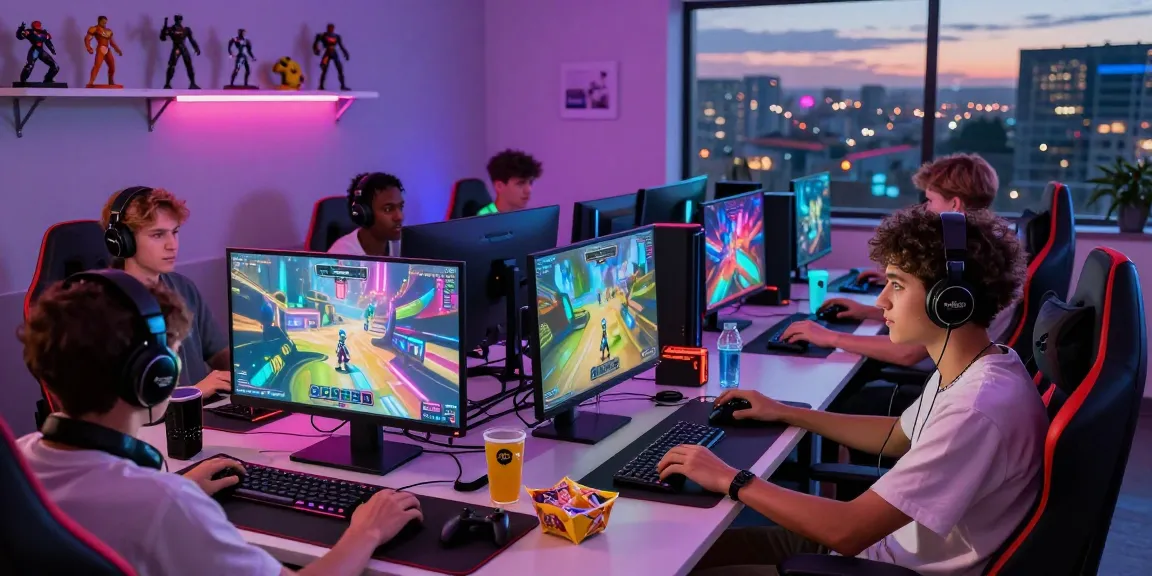 Gamer di https://levitraps.com bermain dalam ruang gaming modern yang ceria dan penuh warna