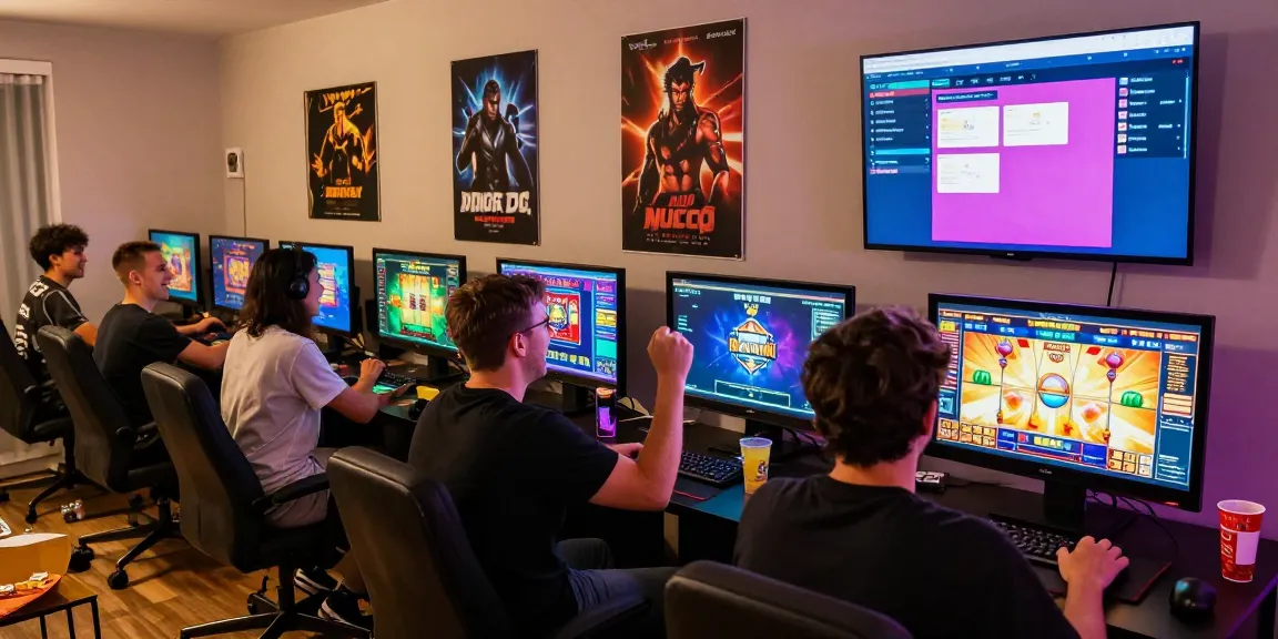Players enjoying link situs888 on colorful digital slot machines in a cozy gaming setup.