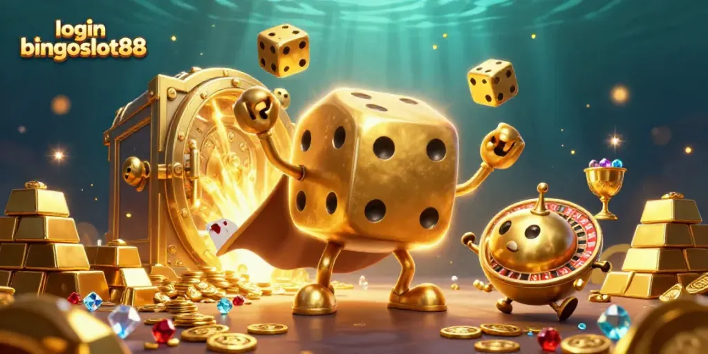 login bingoslot88 mainkan jackpot dengan ilustrasi 3D dadu emas dan elemen kasino
