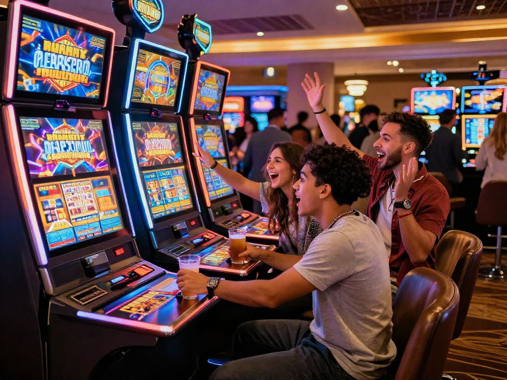 Diverse friends enjoying bandar slot machine games in a vibrant casino