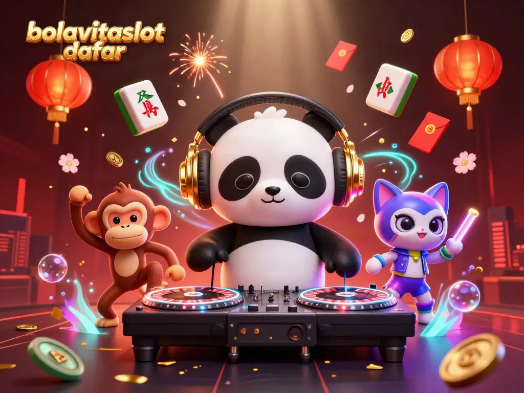 BOLAVITASLOT DAFTAR: A vibrant scene with a DJ panda, dancing monkey, and rave kitten in a dynamic casino atmosphere.