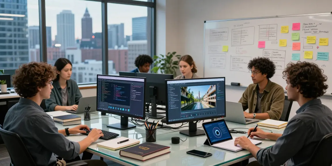 Create videos using AI video generator in a collaborative tech workspace with diverse team members.