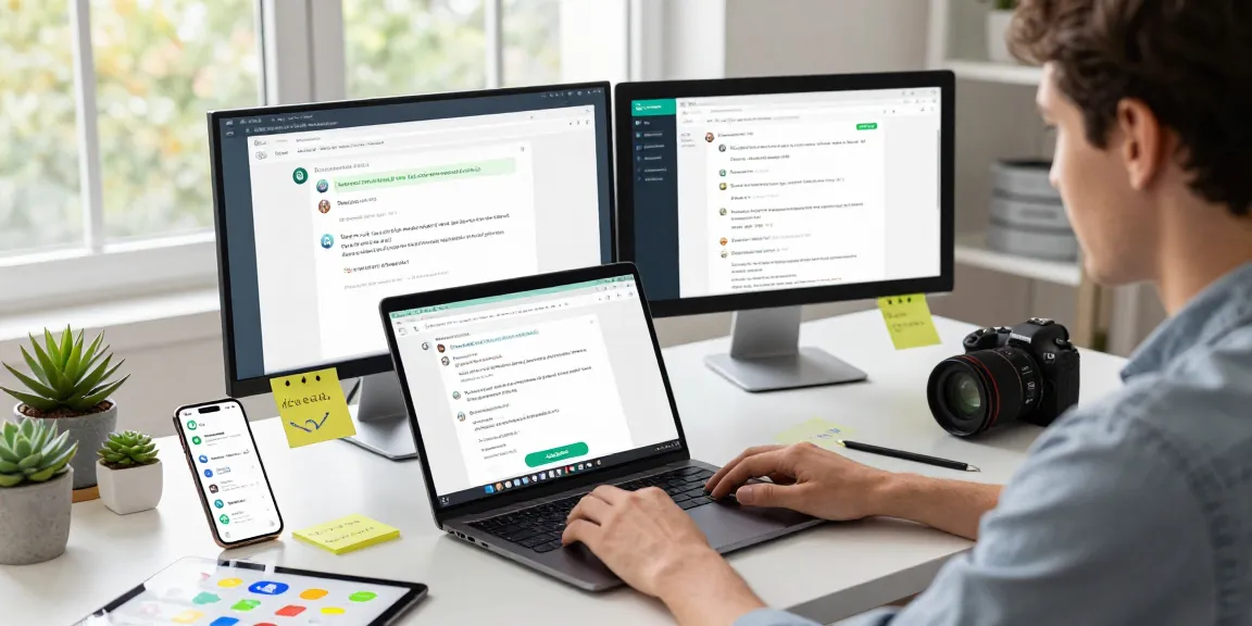 Using WhatsApp網頁版 on laptop in a modern office workspace with multiple screens.