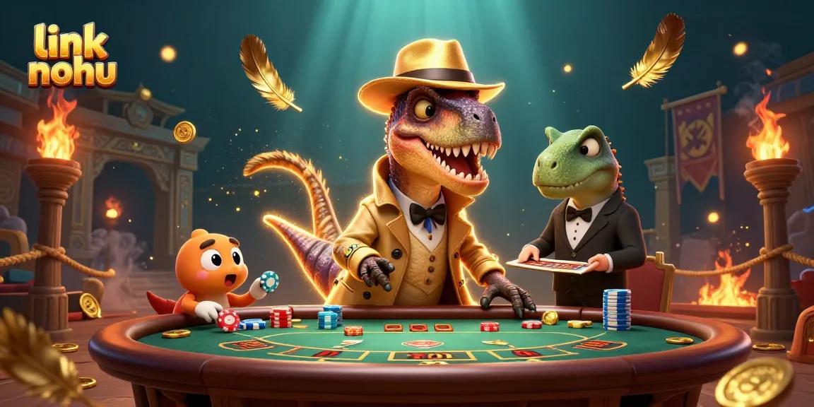 Link nohu showcases a vibrant scene with a velociraptor card counter and stegosaurus pit boss at a blackjack table.