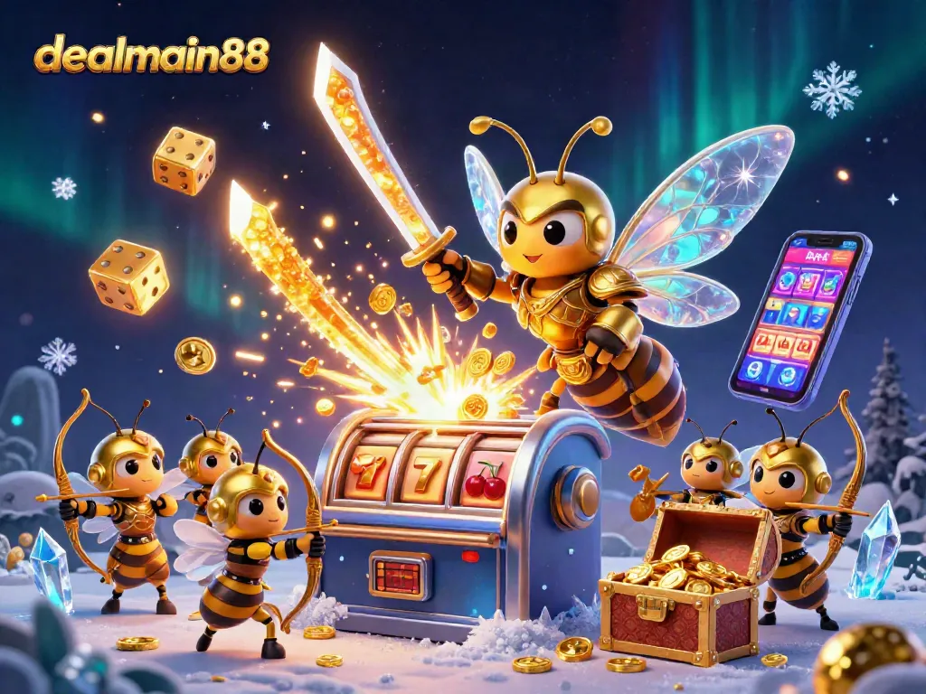 Experience the thrill of dealmain88 with a vibrant 3D casino scene featuring slots and dynamic gaming elements.