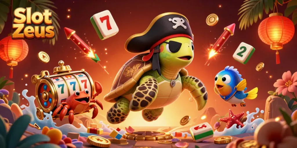 Experience the excitement of Slot Zeus with this vibrant 3D illustration featuring winning symbols and playful characters.