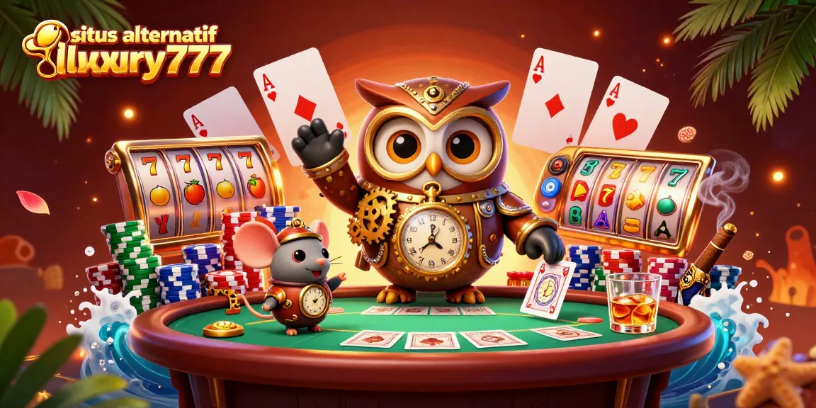 Engaging illustration showcasing situs alternatif luxury777 with a whimsical owl and mouse at a virtual casino.