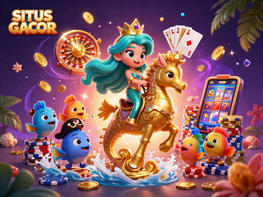 SITUS GACOR showcases a vibrant casino scene with a mermaid and giant seahorse amid glittering game elements.