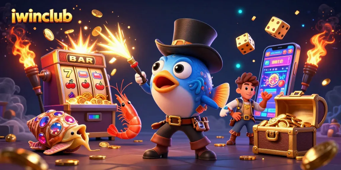 Spin to win with iwinclub's vibrant casino illustration featuring colorful characters and dynamic game elements.