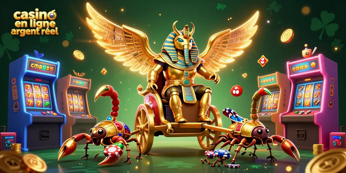 Jouez au casino en ligne argent réel avec une illustration dynamique de scarabée d'or et des machines à sous.