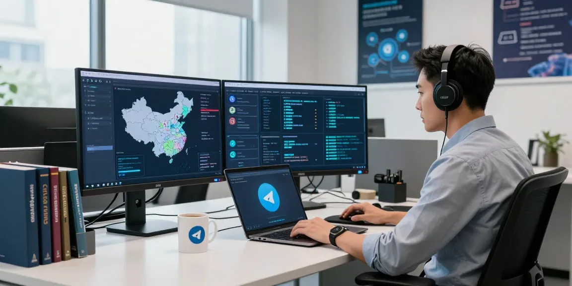 telegram china security analysis in a modern workspace with devices and security tools