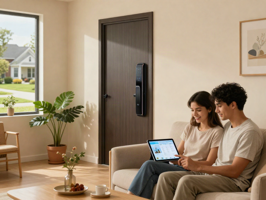 خرید قفل هوشمند showcased in a modern living room with a young couple using a home security app.