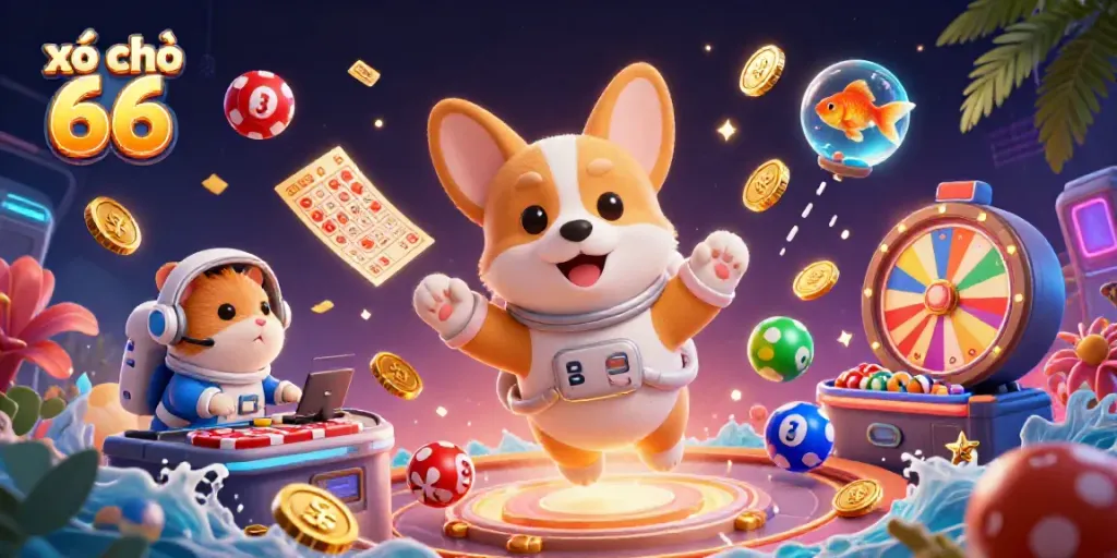 xổ số 66 showcases a vibrant lottery environment with a floating astronaut corgi and colorful lottery balls.