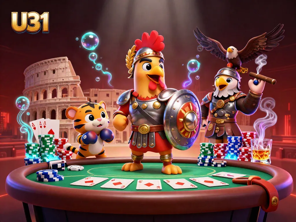 Engage with U31 casino action in a vibrant scene of a gladiator rooster, tiger cub, and eagle amidst poker elements.