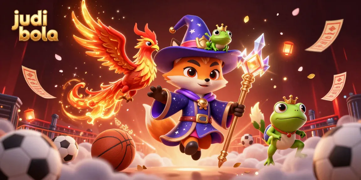 Engage in exciting judi bola action with a mystical wizard and phoenix in a vibrant sports-themed illustration.