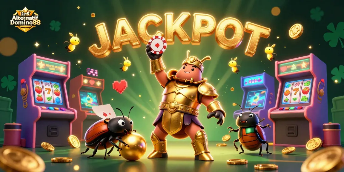 Celebrate wins with the Link Alternatif Domino88 as illustrated by a victorious gladiator beetle in a vibrant casino.