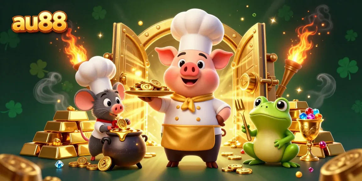 Experience the thrill at au88, where a gourmet chef pig serves golden winnings in a vibrant casino scene.