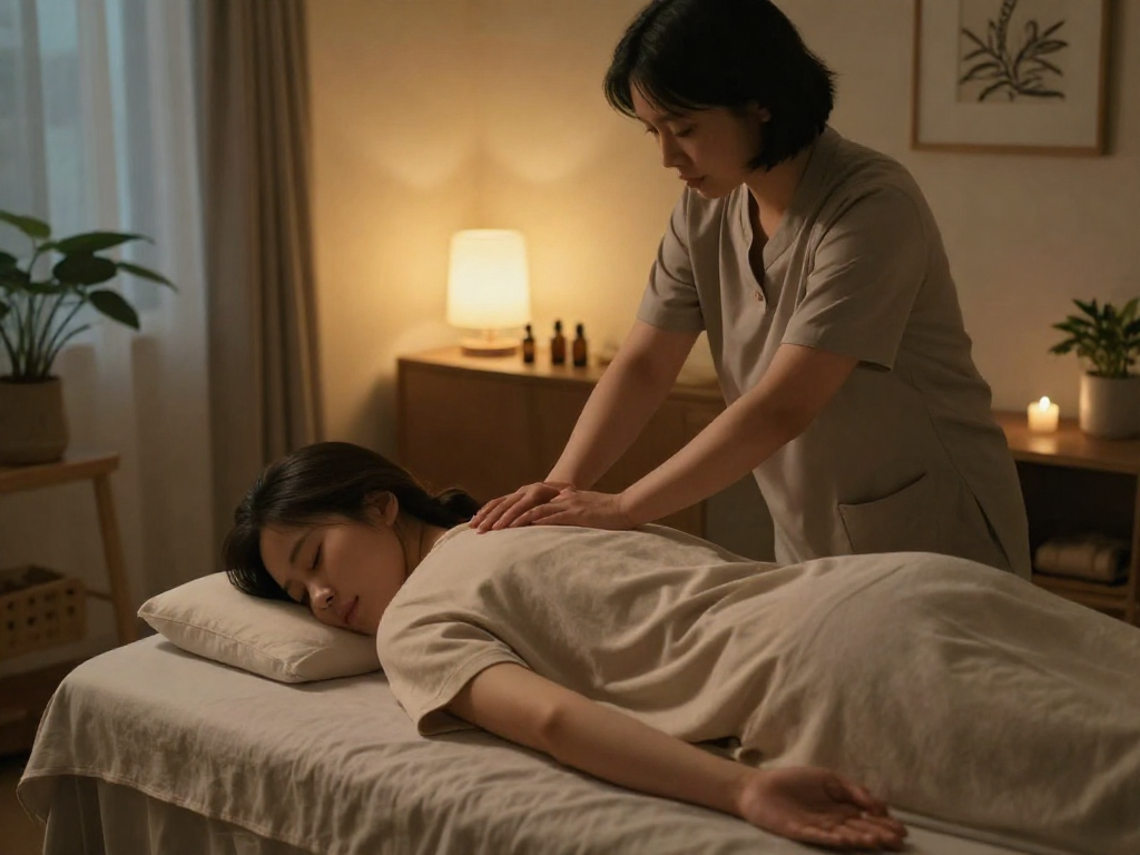 Relaxing 신촌출장마사지 scene at home with therapist and client in cozy environment