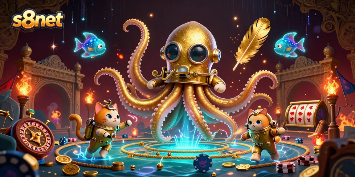 Experience the thrilling underwater world of s8net with a colossal kraken and diving cat in a vibrant ocean scene.