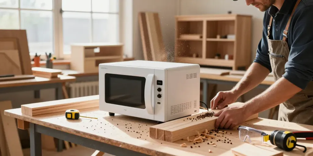 SHASHEL® microwave equipment in a woodworking workshop eliminating wood-boring beetles, surrounded by tools and finished furniture.