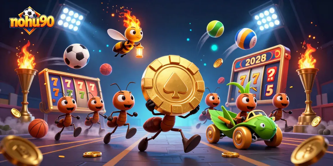 Nohu90 showcases an adventurous team of ants heisting a giant poker chip amidst vibrant casino elements.