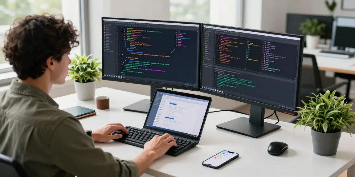 Focused developer coding on dual monitors in a bright workspace with 纸飞机中文版 app design elements.