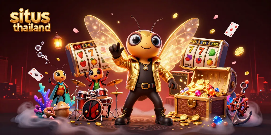 Situs Thailand features a vibrant casino scene with characters celebrating jackpot wins amidst colorful gaming elements.