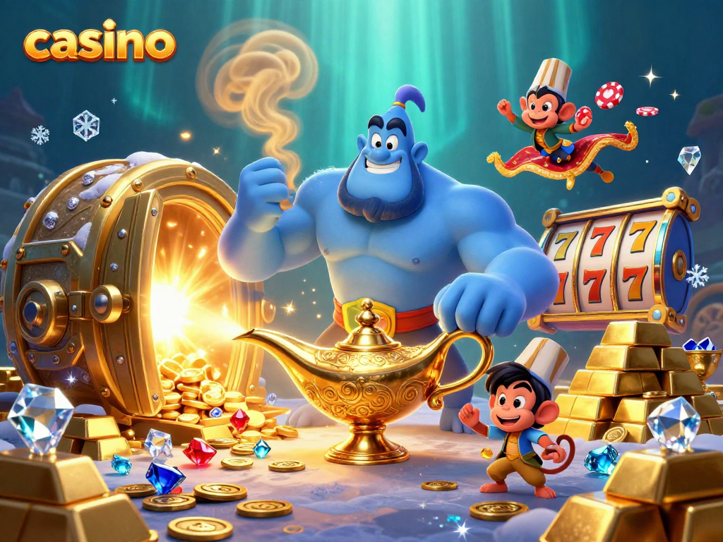 Engage in a casino adventure with a magical genie, treasures, and slot games in a vibrant illustration.