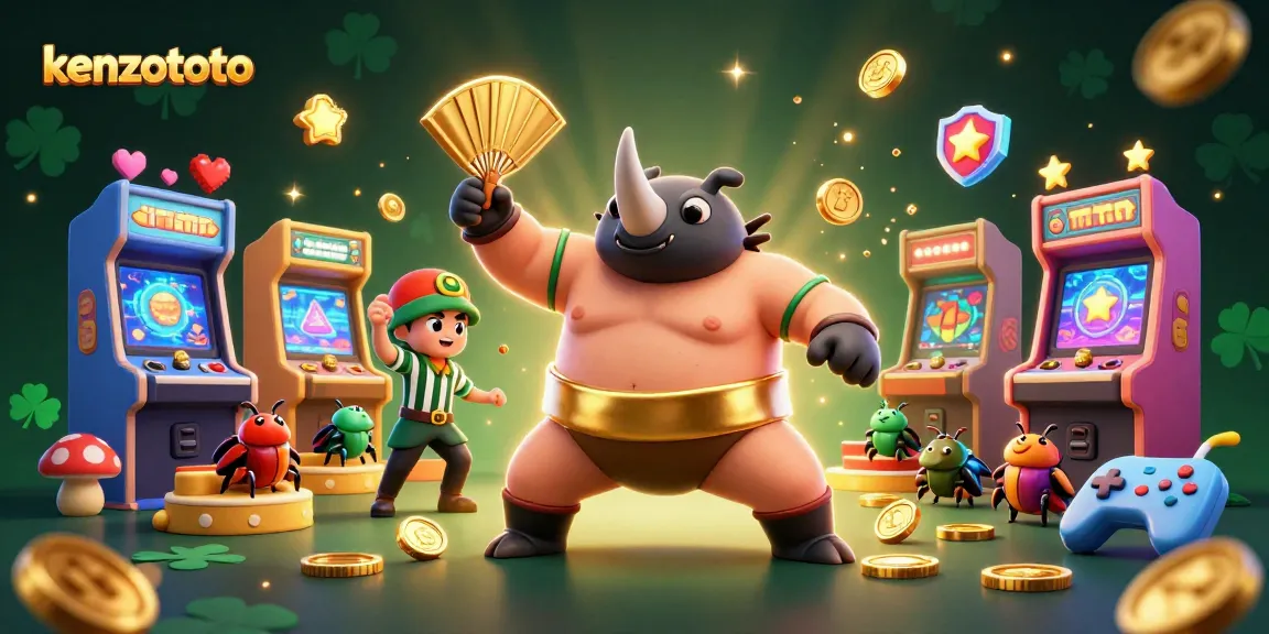 Kenzototo's dynamic gaming scene featuring a rhinoceros beetle champion surrounded by vibrant casino elements.